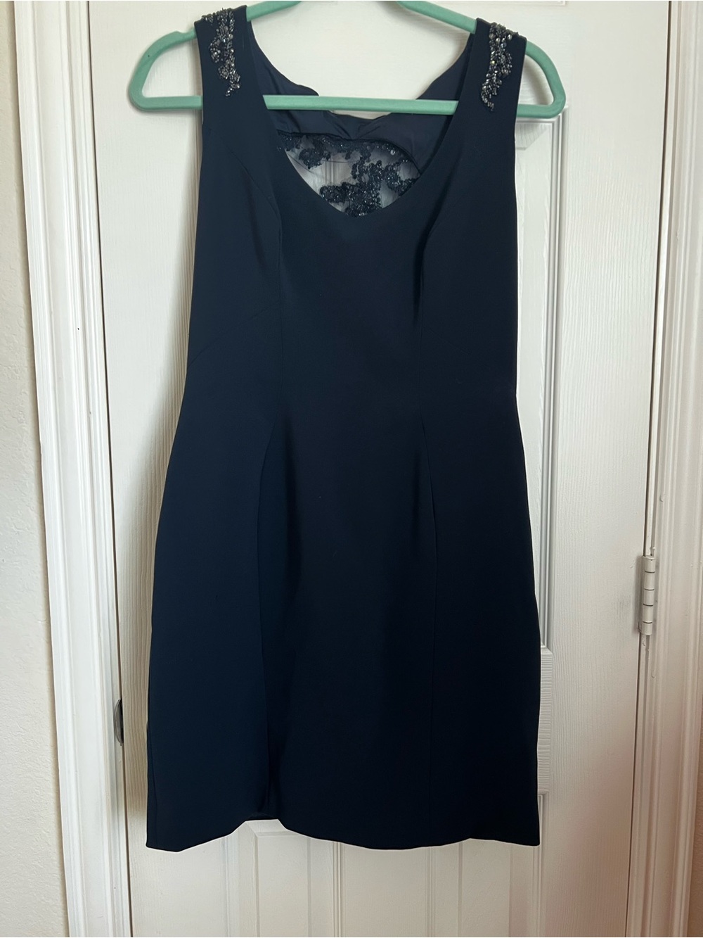 Theia Navy Sleeveless Mini Dress with Beaded Shoulder Detail